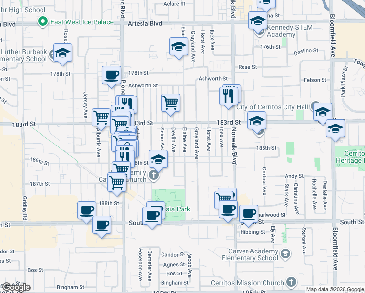 map of restaurants, bars, coffee shops, grocery stores, and more near 18425 Elaine Avenue in Artesia