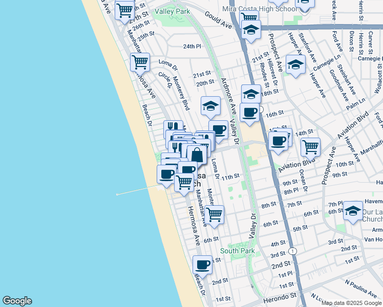 map of restaurants, bars, coffee shops, grocery stores, and more near 1414 Manhattan Avenue in Hermosa Beach