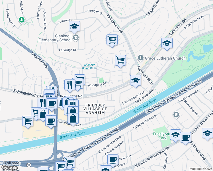 map of restaurants, bars, coffee shops, grocery stores, and more near 6812 Rocky Grove Court in Yorba Linda