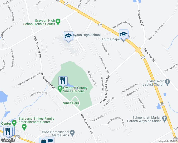 map of restaurants, bars, coffee shops, grocery stores, and more near 3448 Woodshade Drive in Loganville