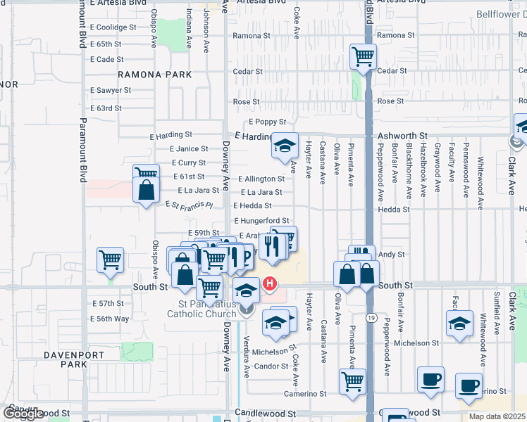 map of restaurants, bars, coffee shops, grocery stores, and more near 3702 East Hedda Street in Long Beach