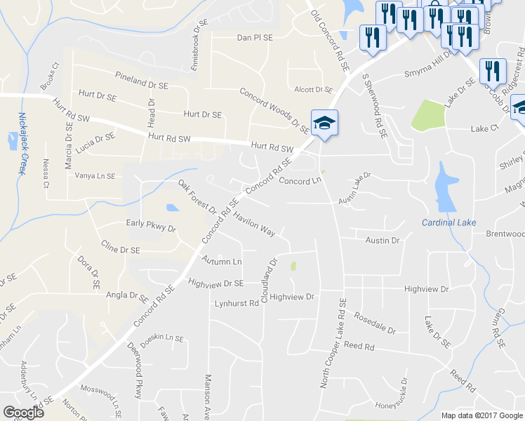 map of restaurants, bars, coffee shops, grocery stores, and more near 400 Ashley Court in Smyrna