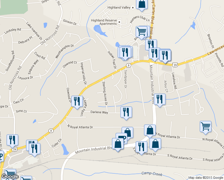 map of restaurants, bars, coffee shops, grocery stores, and more near 2643 Summit Hills Drive in Tucker