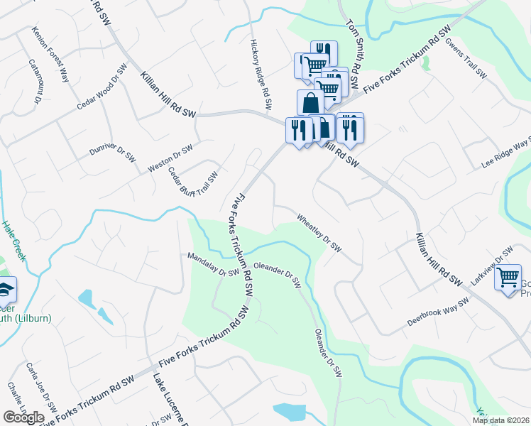 map of restaurants, bars, coffee shops, grocery stores, and more near 1073 Hasty Court Southwest in Lilburn