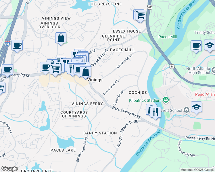map of restaurants, bars, coffee shops, grocery stores, and more near 3173 Laramie Drive Southeast in Atlanta