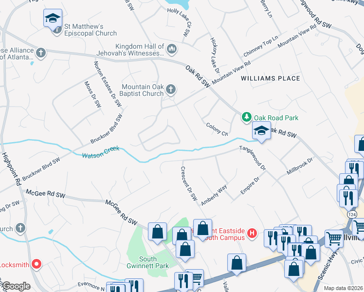 map of restaurants, bars, coffee shops, grocery stores, and more near 3115 Oak Meadow Drive in Snellville