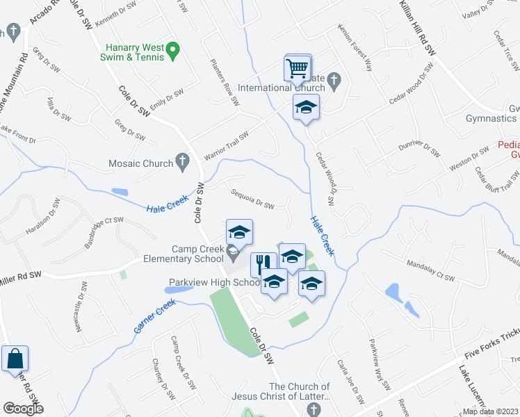 map of restaurants, bars, coffee shops, grocery stores, and more near 4652 Sequoia Drive Southwest in Lilburn