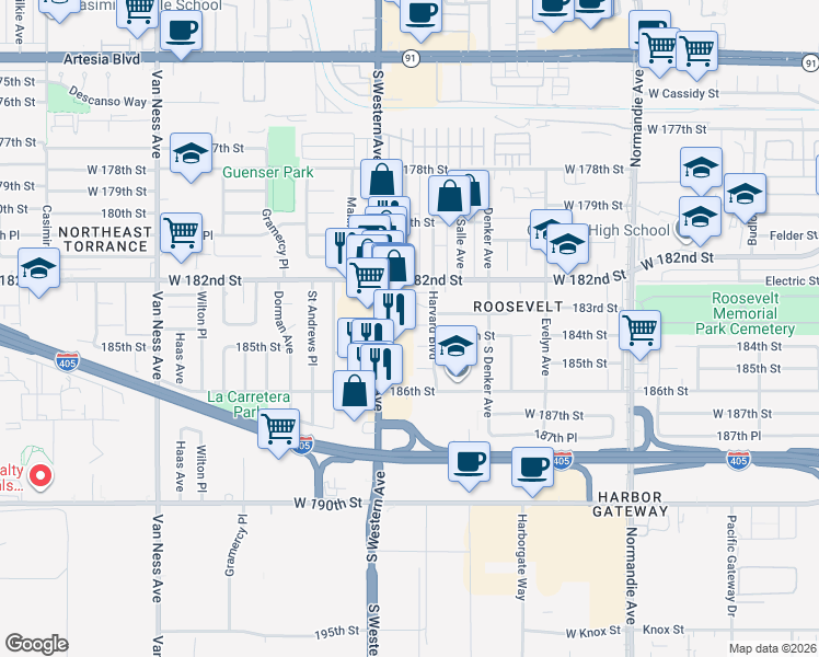 map of restaurants, bars, coffee shops, grocery stores, and more near 1656 184th Street in Gardena