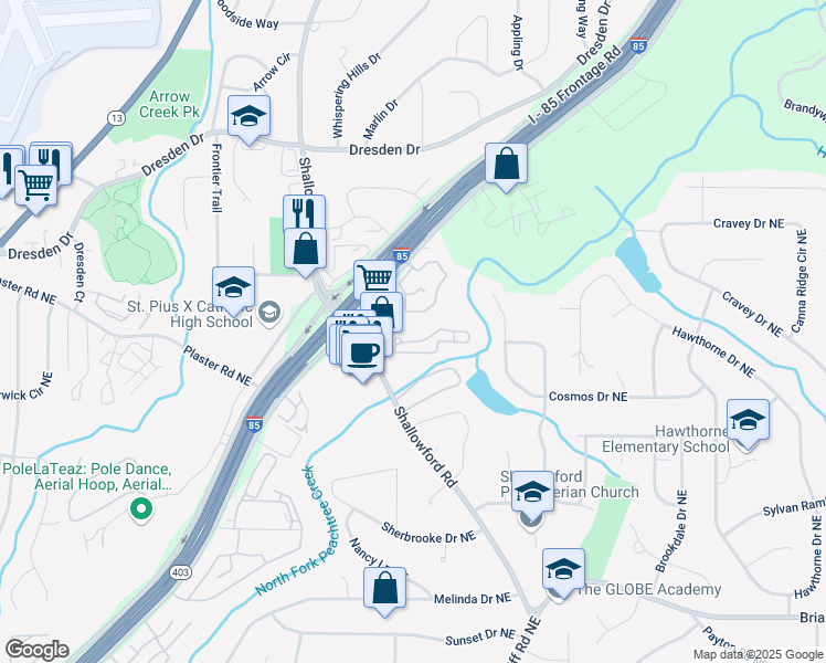 map of restaurants, bars, coffee shops, grocery stores, and more near 616 Briarlake Court Northeast in Atlanta