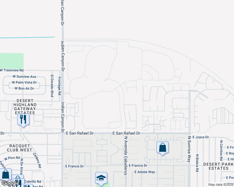 map of restaurants, bars, coffee shops, grocery stores, and more near 3735 Ambassador Drive in Palm Springs