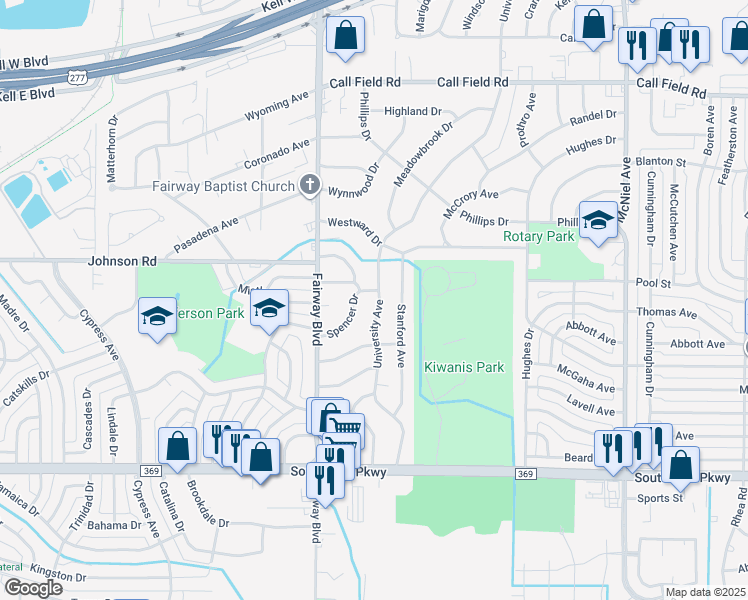 map of restaurants, bars, coffee shops, grocery stores, and more near 4616 University Avenue in Wichita Falls