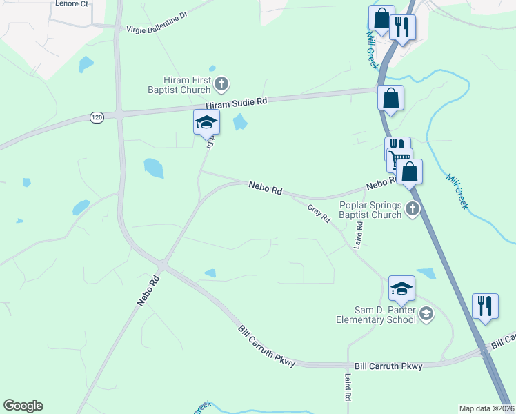 map of restaurants, bars, coffee shops, grocery stores, and more near 7606 Nebo Road in Hiram