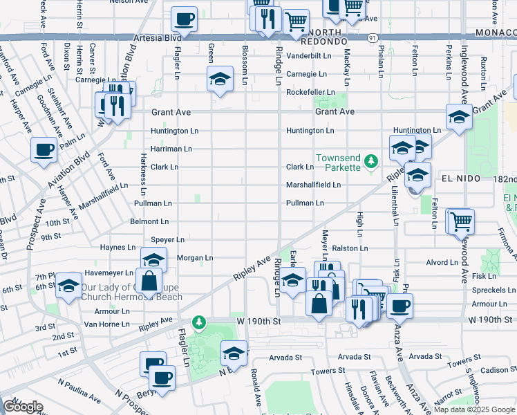 map of restaurants, bars, coffee shops, grocery stores, and more near 2108 Pullman Lane in Redondo Beach