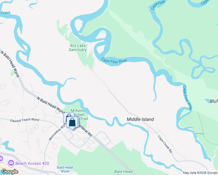 map of restaurants, bars, coffee shops, grocery stores, and more near 80 Cape Creek Road in Bald Head Island
