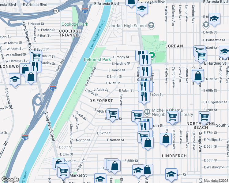 map of restaurants, bars, coffee shops, grocery stores, and more near 6054 Jaymills Avenue in Long Beach