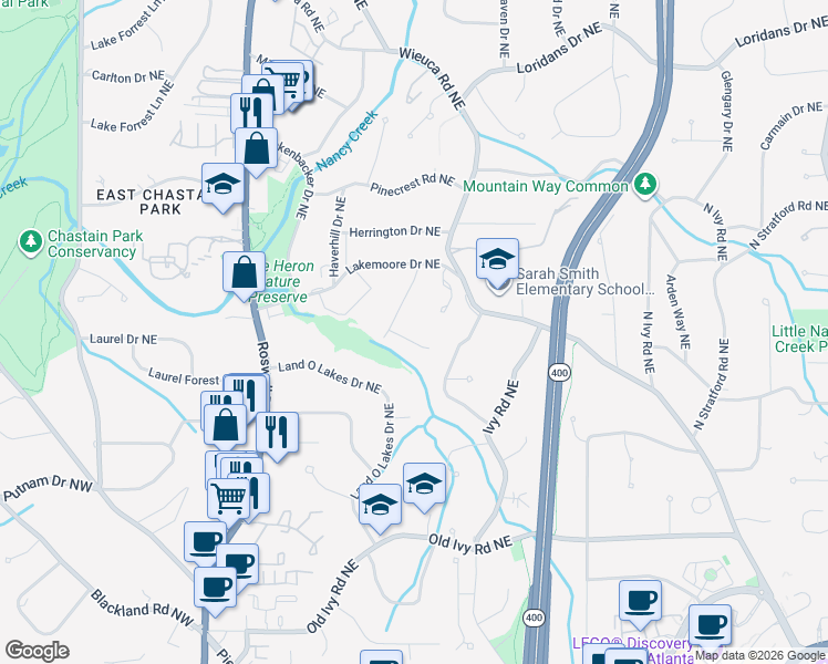 map of restaurants, bars, coffee shops, grocery stores, and more near 1 Emma Lane Northeast in Atlanta