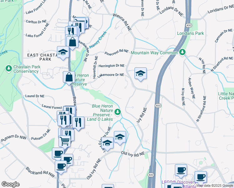 map of restaurants, bars, coffee shops, grocery stores, and more near 478 Emily Reed Lane in Atlanta