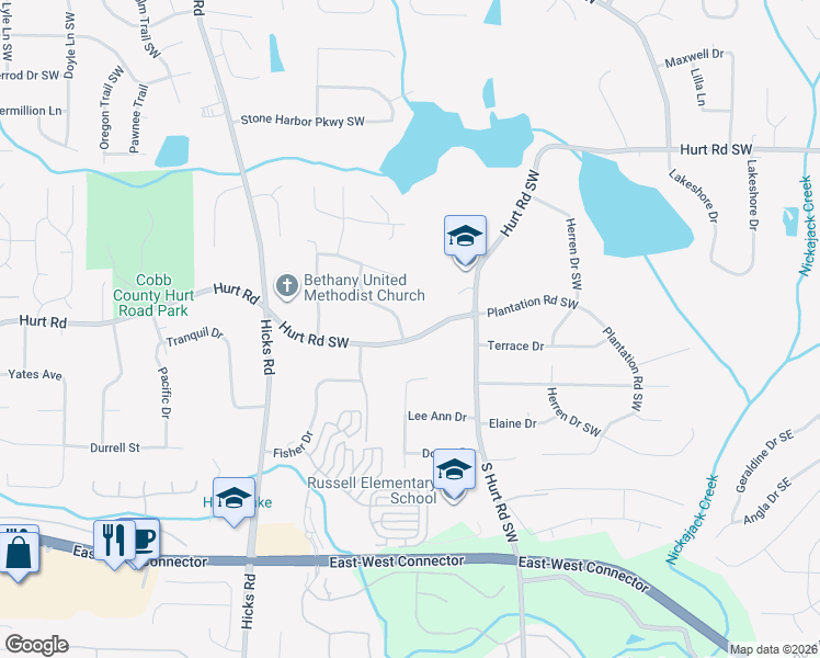 map of restaurants, bars, coffee shops, grocery stores, and more near 602 Hurt Road Southwest in Smyrna