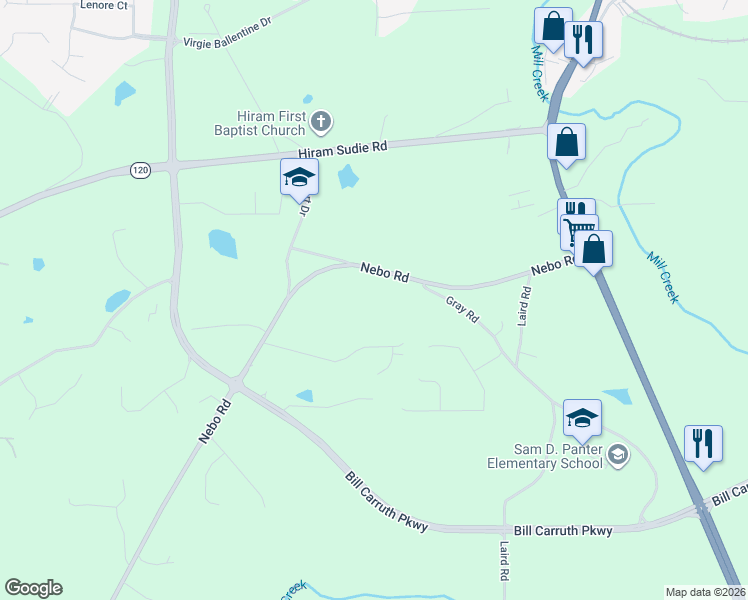 map of restaurants, bars, coffee shops, grocery stores, and more near 7606 Nebo Road in Hiram