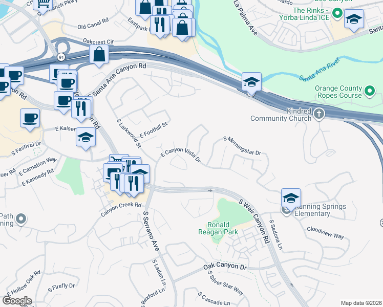 map of restaurants, bars, coffee shops, grocery stores, and more near 556 South Laureltree Drive in Anaheim