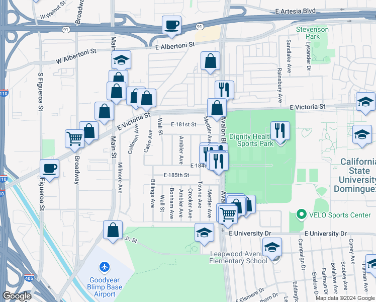 map of restaurants, bars, coffee shops, grocery stores, and more near 18303 Crocker Ave in Carson