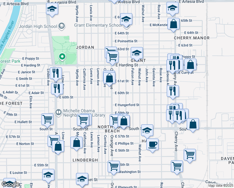 map of restaurants, bars, coffee shops, grocery stores, and more near 6685 Orange Avenue in Long Beach