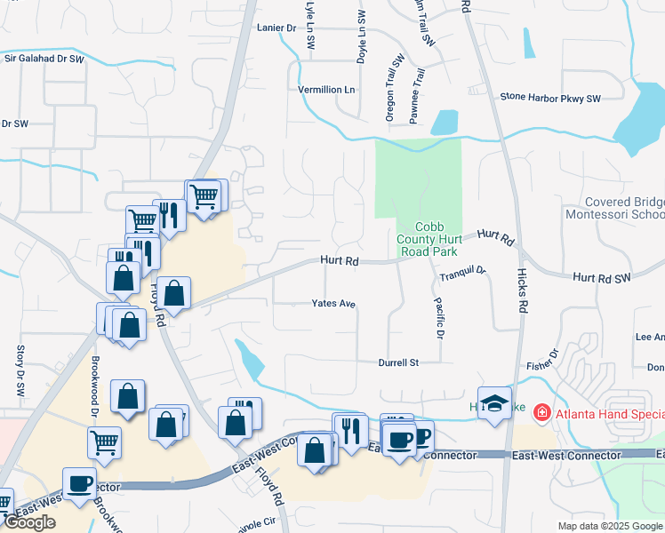 map of restaurants, bars, coffee shops, grocery stores, and more near 1099 Hurt Road in Austell