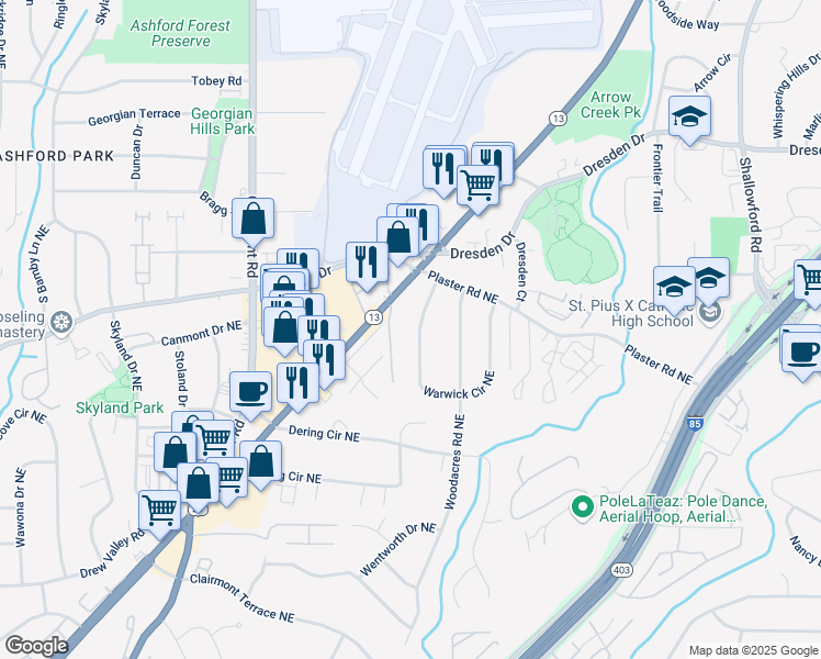map of restaurants, bars, coffee shops, grocery stores, and more near 2648 Warwick Circle Northeast in Atlanta