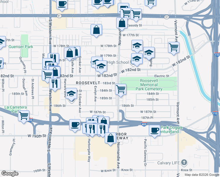 map of restaurants, bars, coffee shops, grocery stores, and more near 1427 184th Street in Gardena