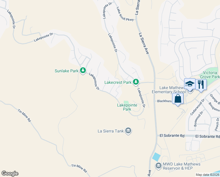 map of restaurants, bars, coffee shops, grocery stores, and more near 17665 Morning Sun Court in Riverside