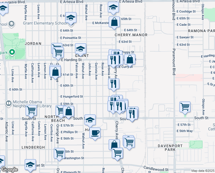 map of restaurants, bars, coffee shops, grocery stores, and more near 5965 Gardenia Avenue in Long Beach