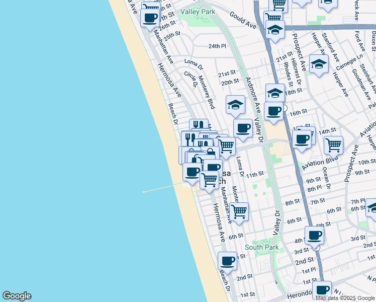 map of restaurants, bars, coffee shops, grocery stores, and more near 36 15th Street in Hermosa Beach