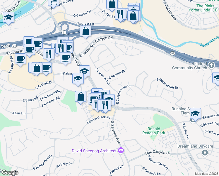 map of restaurants, bars, coffee shops, grocery stores, and more near 335 South Larkwood Street in Anaheim