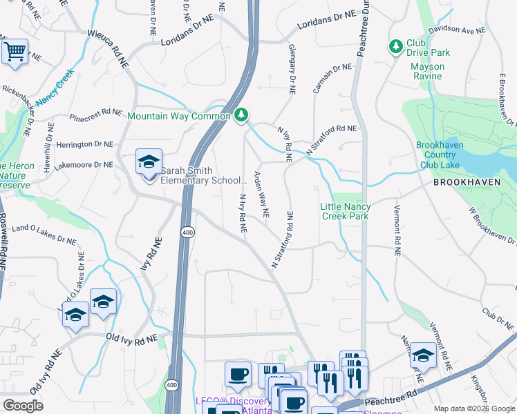 map of restaurants, bars, coffee shops, grocery stores, and more near 3984 Arden Way Northeast in Atlanta