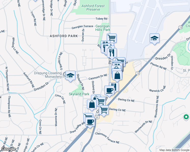 map of restaurants, bars, coffee shops, grocery stores, and more near 1878 Canmont Drive Northeast in Atlanta