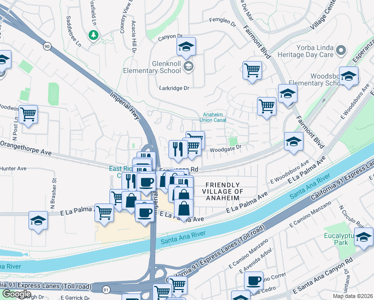 map of restaurants, bars, coffee shops, grocery stores, and more near 6782 Tahitian Circle in Yorba Linda