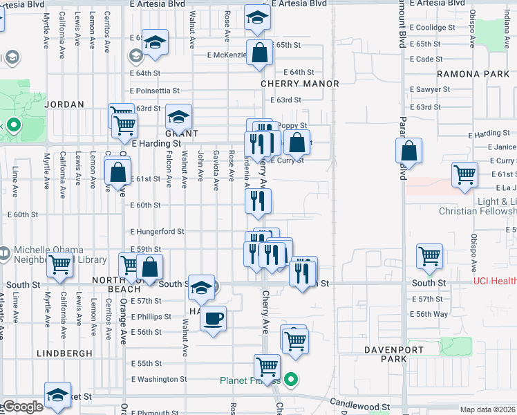 map of restaurants, bars, coffee shops, grocery stores, and more near 5957 Cherry Avenue in Long Beach