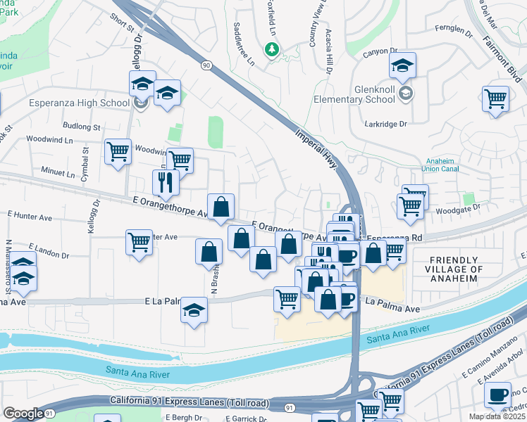 map of restaurants, bars, coffee shops, grocery stores, and more near 1735 North Willow Woods Drive in Anaheim