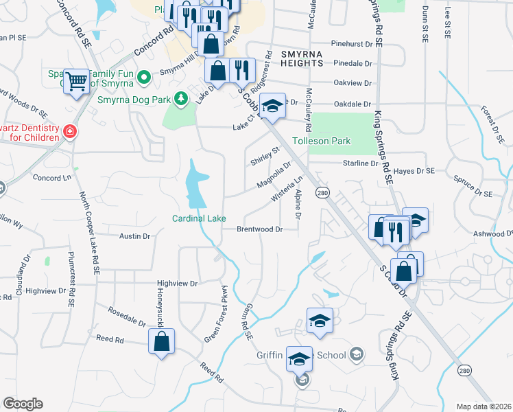 map of restaurants, bars, coffee shops, grocery stores, and more near 3684 Wisteria Lane in Smyrna