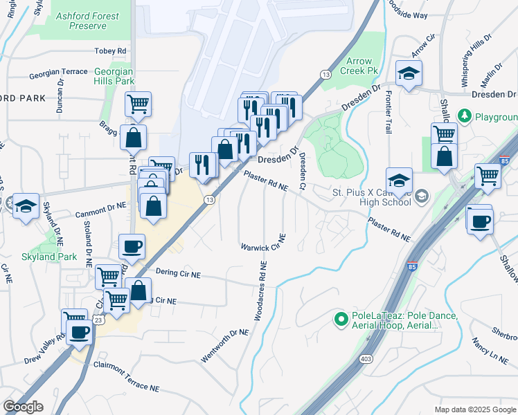 map of restaurants, bars, coffee shops, grocery stores, and more near 2648 Woodacres Road Northeast in Atlanta