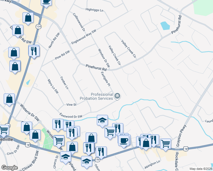 map of restaurants, bars, coffee shops, grocery stores, and more near 2305 Eastgate Drive in Snellville
