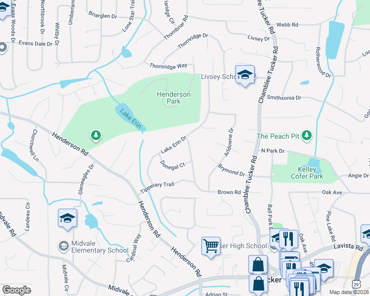 map of restaurants, bars, coffee shops, grocery stores, and more near 3947 Brown Rd in Tucker