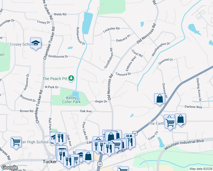 map of restaurants, bars, coffee shops, grocery stores, and more near 2656 Old Norcross Road in Tucker