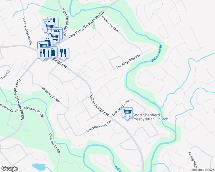 map of restaurants, bars, coffee shops, grocery stores, and more near 1240 Killian Shoals Way Southwest in Lilburn