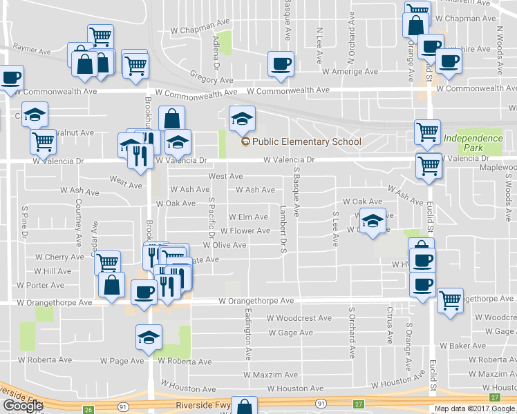 map of restaurants, bars, coffee shops, grocery stores, and more near 1468 West Oak Avenue in Fullerton