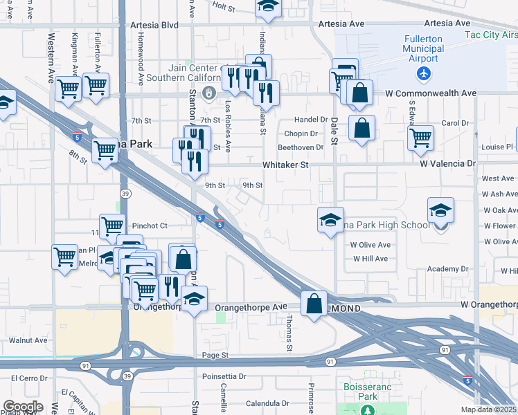 map of restaurants, bars, coffee shops, grocery stores, and more near 8220 California Street in Buena Park