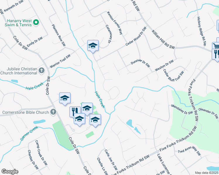 map of restaurants, bars, coffee shops, grocery stores, and more near 4977 Cedar Wood Drive Southwest in Lilburn