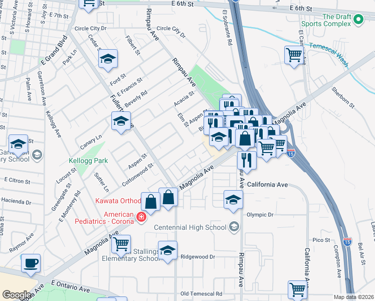 map of restaurants, bars, coffee shops, grocery stores, and more near 1143 Stone Pine Lane in Corona