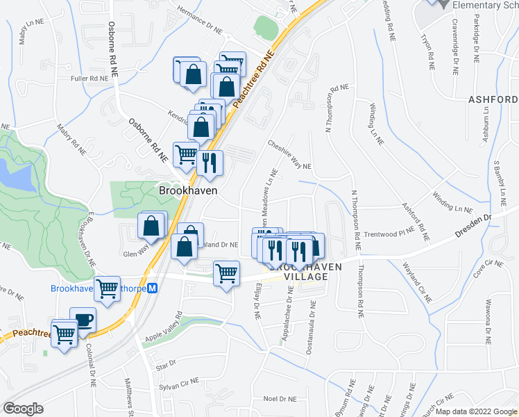 map of restaurants, bars, coffee shops, grocery stores, and more near 2646 Green Meadows Lane Northeast in Atlanta