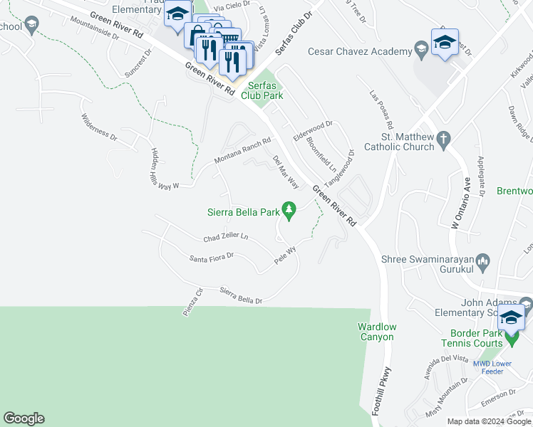 map of restaurants, bars, coffee shops, grocery stores, and more near 2507 Camino Del Plata in Corona